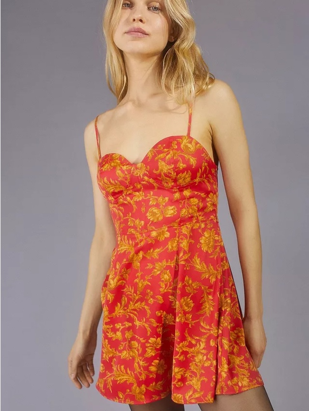 Urban Outfitters Red and Yellow Floral Bustier Dress